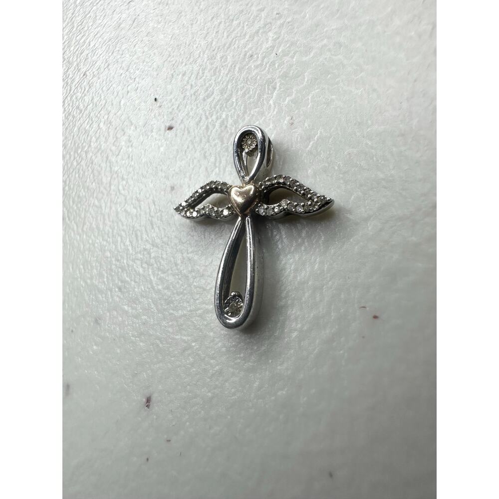 JWBR 10K Gold 925 Sterling Silver Diamond Angel Wing Cross Pendant Heart